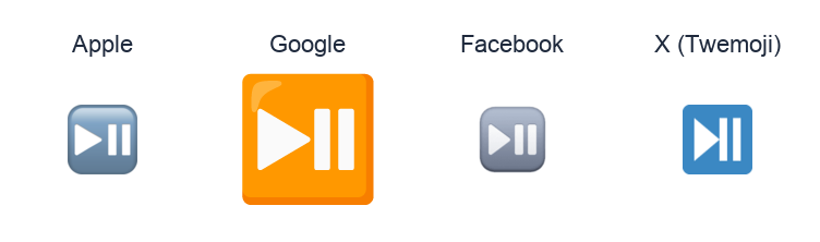 Play Or Pause Button emoji artwork compared side by side for Apple, Google Noto, Facebook, and X Twemoji styles on white.