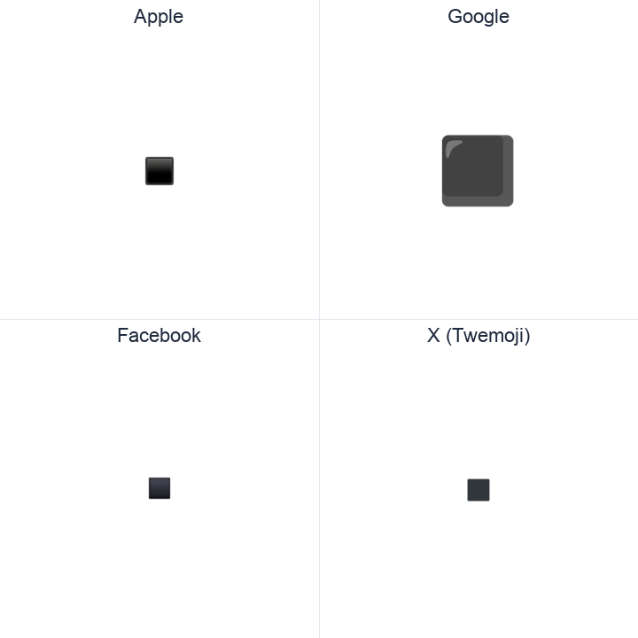 Black Small Square emoji in a square grid: Apple and Google on the top row, Facebook and X Twemoji on the bottom, on white.