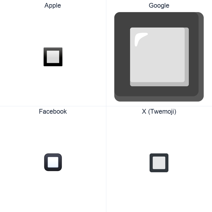 Black Square Button emoji in a square grid: Apple and Google on the top row, Facebook and X Twemoji on the bottom, on white.