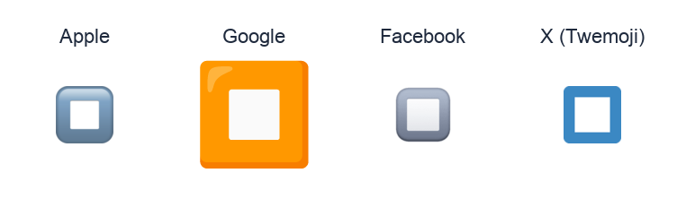 Stop Button emoji artwork compared side by side for Apple, Google Noto, Facebook, and X Twemoji styles on white.