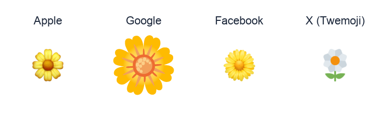 Blossom emoji artwork compared side by side for Apple, Google Noto, Facebook, and X Twemoji styles on white.