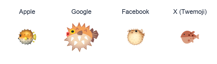 Blowfish emoji artwork compared side by side for Apple, Google Noto, Facebook, and X Twemoji styles on white.