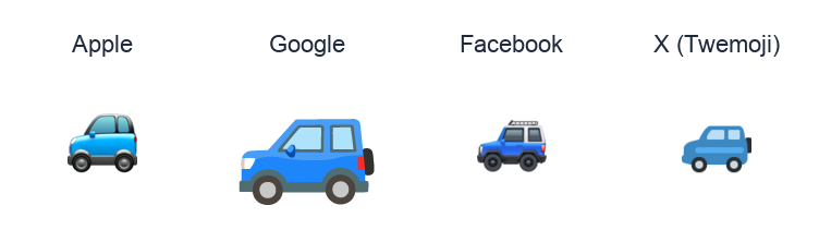 Recreational Vehicle emoji artwork compared side by side for Apple, Google Noto, Facebook, and X Twemoji styles on white.