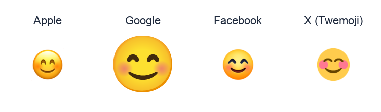 Smiling Face With Smiling Eyes emoji artwork compared side by side for Apple, Google Noto, Facebook, and X Twemoji styles on white.
