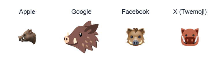 Boar emoji artwork compared side by side for Apple, Google Noto, Facebook, and X Twemoji styles on white.