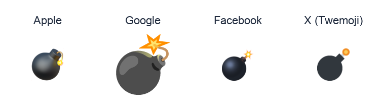 Bomb emoji artwork compared side by side for Apple, Google Noto, Facebook, and X Twemoji styles on white.