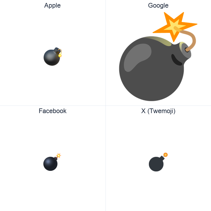 Bomb emoji in a square grid: Apple and Google on the top row, Facebook and X Twemoji on the bottom, on white.