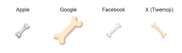 Bone emoji artwork compared side by side for Apple, Google Noto, Facebook, and X Twemoji styles on white.