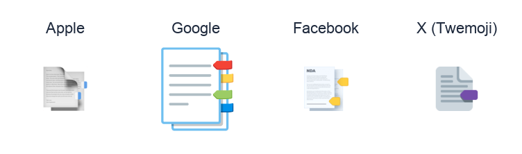 Bookmark Tabs emoji artwork compared side by side for Apple, Google Noto, Facebook, and X Twemoji styles on white.