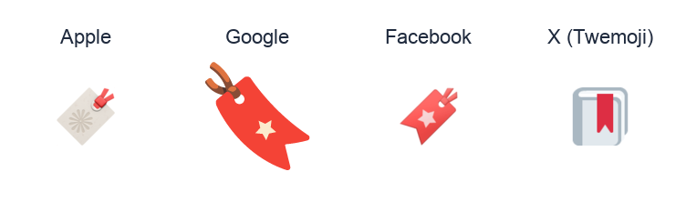 Bookmark emoji artwork compared side by side for Apple, Google Noto, Facebook, and X Twemoji styles on white.