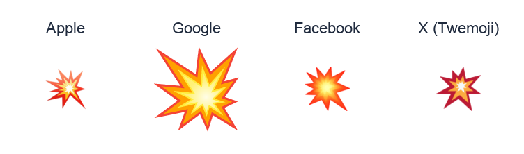 Collision Symbol emoji artwork compared side by side for Apple, Google Noto, Facebook, and X Twemoji styles on white.