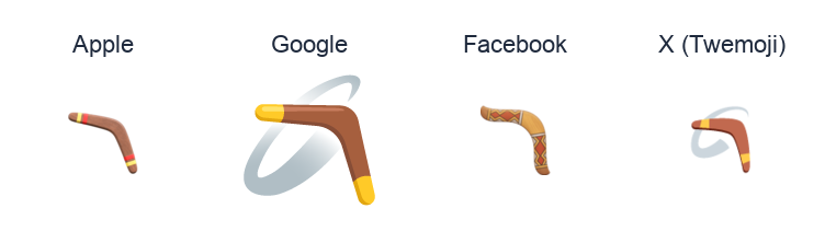 Boomerang emoji artwork compared side by side for Apple, Google Noto, Facebook, and X Twemoji styles on white.