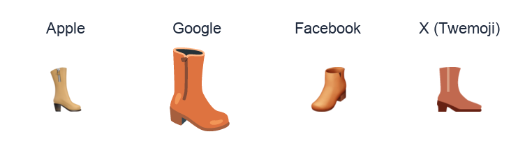 Womans Boots emoji artwork compared side by side for Apple, Google Noto, Facebook, and X Twemoji styles on white.