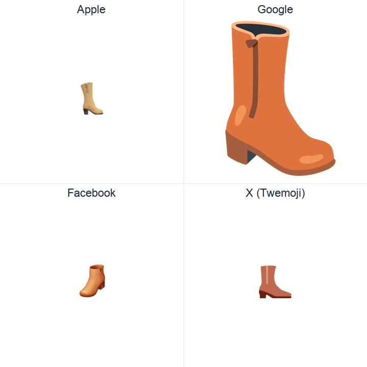Womans Boots emoji in a square grid: Apple and Google on the top row, Facebook and X Twemoji on the bottom, on white.