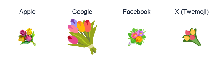 Bouquet emoji artwork compared side by side for Apple, Google Noto, Facebook, and X Twemoji styles on white.