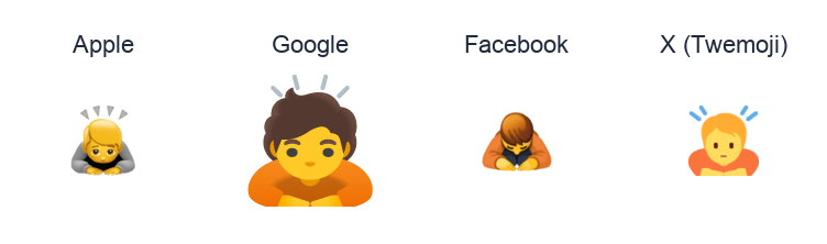 Person Bowing Deeply emoji artwork compared side by side for Apple, Google Noto, Facebook, and X Twemoji styles on white.