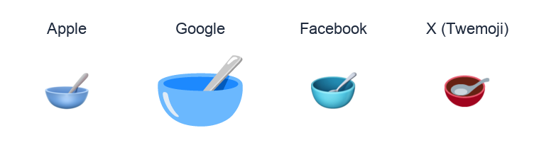 Bowl With Spoon emoji artwork compared side by side for Apple, Google Noto, Facebook, and X Twemoji styles on white.