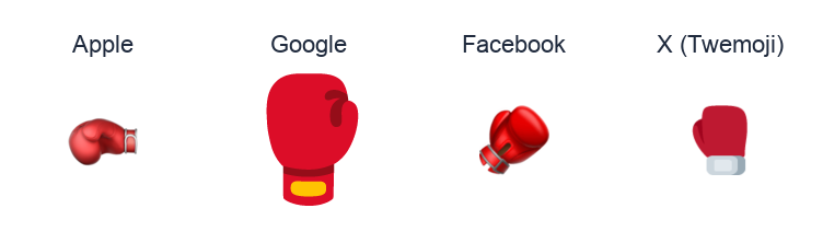 Boxing Glove emoji artwork compared side by side for Apple, Google Noto, Facebook, and X Twemoji styles on white.