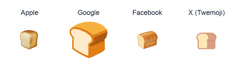 Bread emoji artwork compared side by side for Apple, Google Noto, Facebook, and X Twemoji styles on white.