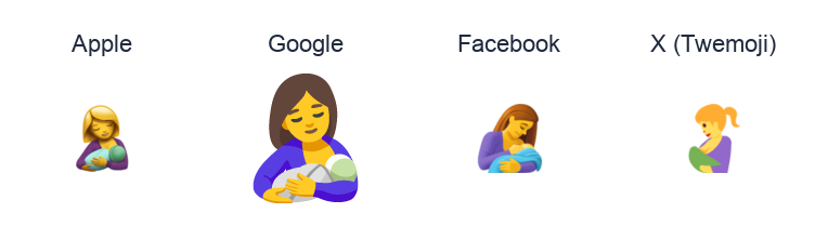 Breast-Feeding emoji artwork compared side by side for Apple, Google Noto, Facebook, and X Twemoji styles on white.