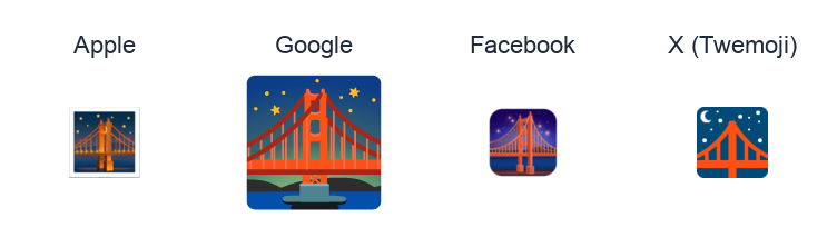 Bridge At Night emoji artwork compared side by side for Apple, Google Noto, Facebook, and X Twemoji styles on white.