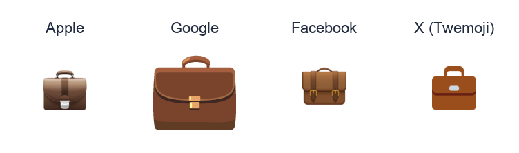 Briefcase emoji artwork compared side by side for Apple, Google Noto, Facebook, and X Twemoji styles on white.