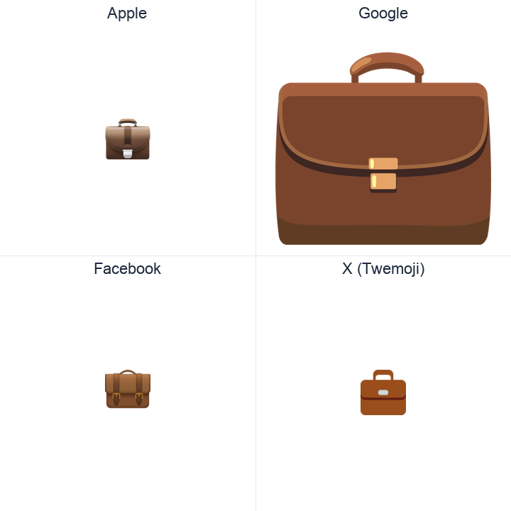 Briefcase emoji in a square grid: Apple and Google on the top row, Facebook and X Twemoji on the bottom, on white.