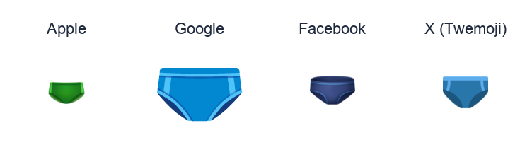 Briefs emoji artwork compared side by side for Apple, Google Noto, Facebook, and X Twemoji styles on white.