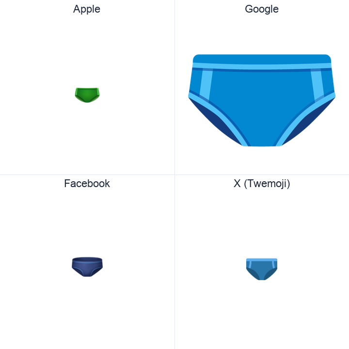 Briefs emoji in a square grid: Apple and Google on the top row, Facebook and X Twemoji on the bottom, on white.