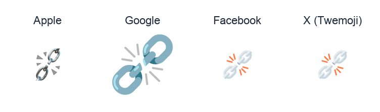 Broken Chain emoji artwork compared side by side for Apple, Google Noto, Facebook, and X Twemoji styles on white.