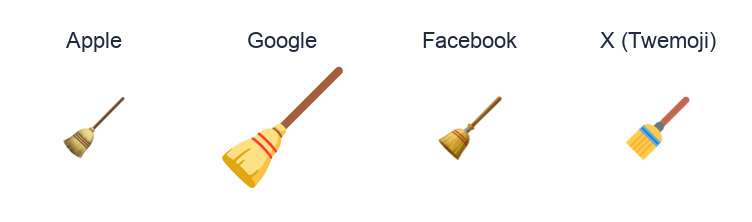 Broom emoji artwork compared side by side for Apple, Google Noto, Facebook, and X Twemoji styles on white.