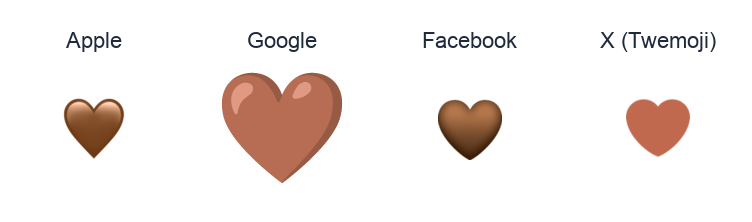 Brown Heart emoji artwork compared side by side for Apple, Google Noto, Facebook, and X Twemoji styles on white.