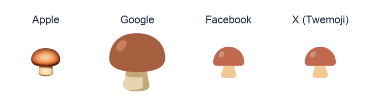 Brown Mushroom emoji artwork compared side by side for Apple, Google Noto, Facebook, and X Twemoji styles on white.