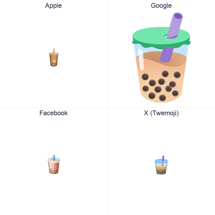Bubble Tea emoji in a square grid: Apple and Google on the top row, Facebook and X Twemoji on the bottom, on white.