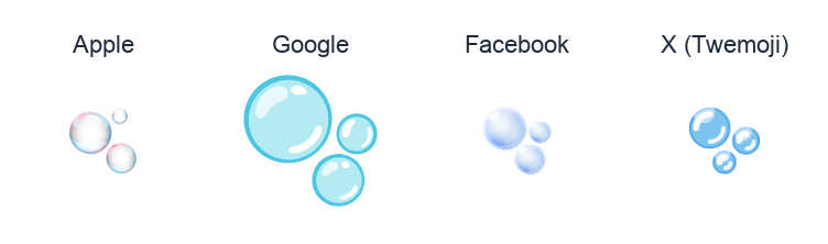 Bubbles emoji artwork compared side by side for Apple, Google Noto, Facebook, and X Twemoji styles on white.
