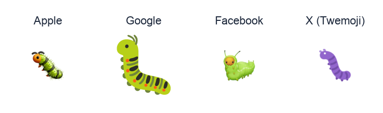 Bug emoji artwork compared side by side for Apple, Google Noto, Facebook, and X Twemoji styles on white.
