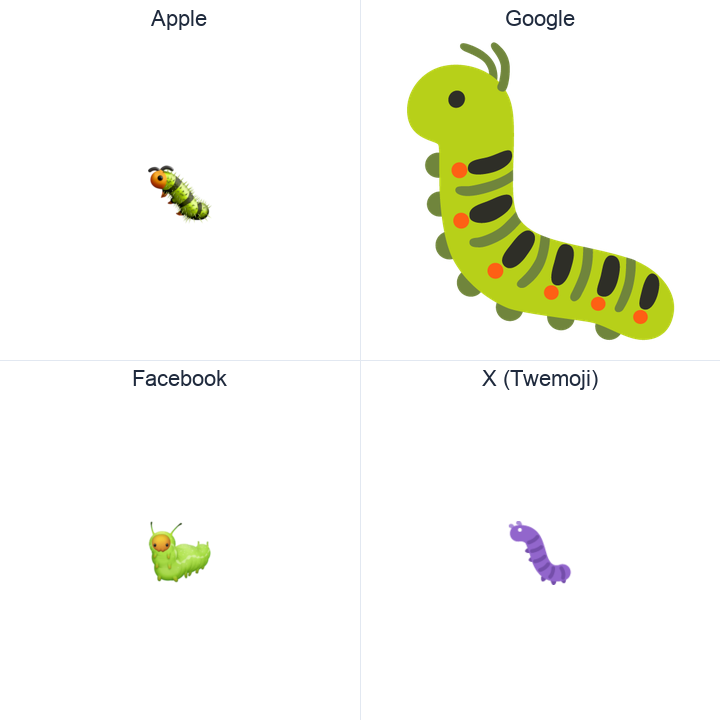 Bug emoji in a square grid: Apple and Google on the top row, Facebook and X Twemoji on the bottom, on white.