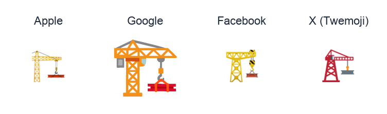 Building Construction emoji artwork compared side by side for Apple, Google Noto, Facebook, and X Twemoji styles on white.