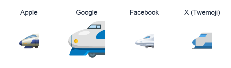 High-Speed Train With Bullet Nose emoji artwork compared side by side for Apple, Google Noto, Facebook, and X Twemoji styles on white.