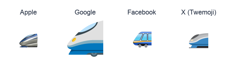 High-Speed Train emoji artwork compared side by side for Apple, Google Noto, Facebook, and X Twemoji styles on white.