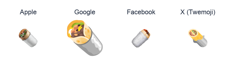 Burrito emoji artwork compared side by side for Apple, Google Noto, Facebook, and X Twemoji styles on white.