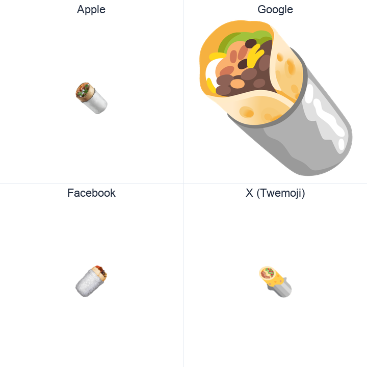 Burrito emoji in a square grid: Apple and Google on the top row, Facebook and X Twemoji on the bottom, on white.