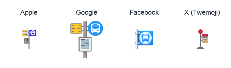 Bus Stop emoji artwork compared side by side for Apple, Google Noto, Facebook, and X Twemoji styles on white.
