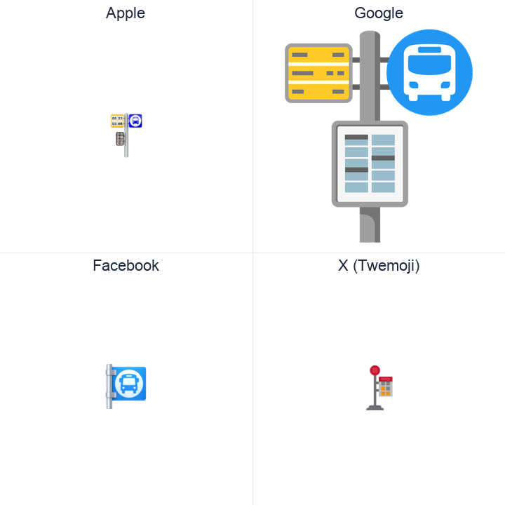 Bus Stop emoji in a square grid: Apple and Google on the top row, Facebook and X Twemoji on the bottom, on white.