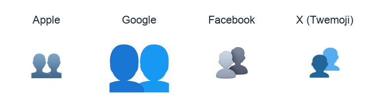 Busts In Silhouette emoji artwork compared side by side for Apple, Google Noto, Facebook, and X Twemoji styles on white.