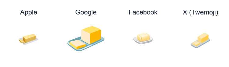 Butter emoji artwork compared side by side for Apple, Google Noto, Facebook, and X Twemoji styles on white.