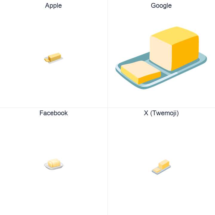 Butter emoji in a square grid: Apple and Google on the top row, Facebook and X Twemoji on the bottom, on white.