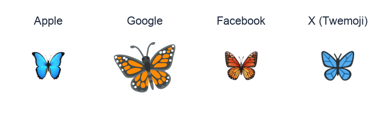 Butterfly emoji artwork compared side by side for Apple, Google Noto, Facebook, and X Twemoji styles on white.