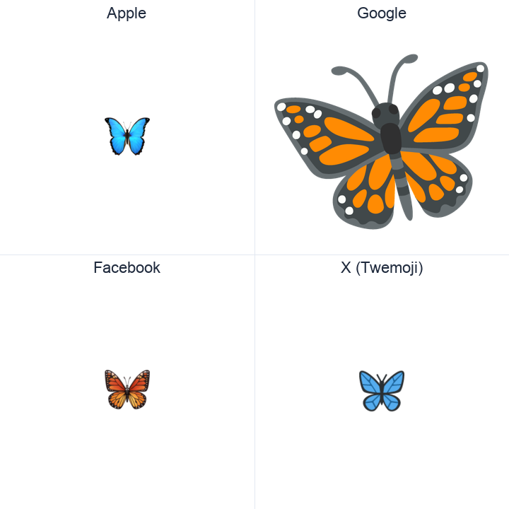 Butterfly emoji in a square grid: Apple and Google on the top row, Facebook and X Twemoji on the bottom, on white.