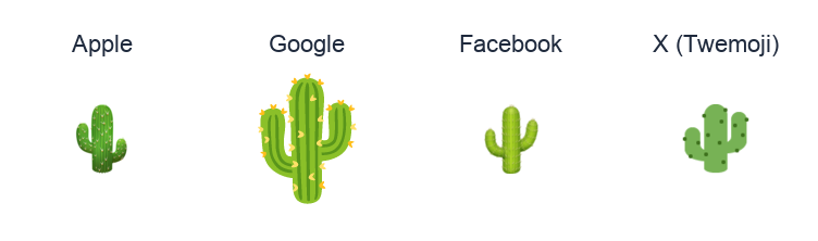 Cactus emoji artwork compared side by side for Apple, Google Noto, Facebook, and X Twemoji styles on white.